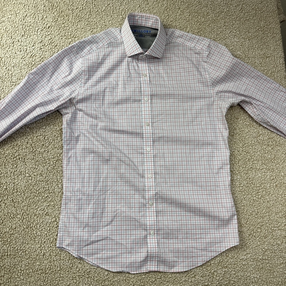 Twillory‎ Performance 16 34-35 Men's Dress Shirt Pink Blue Grid Stretch Check